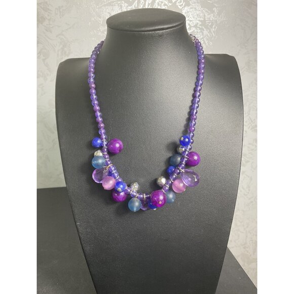Colorful Beaded Statement Necklace With Purple & Blue Gems Adjustable Length - Picture 1 of 4